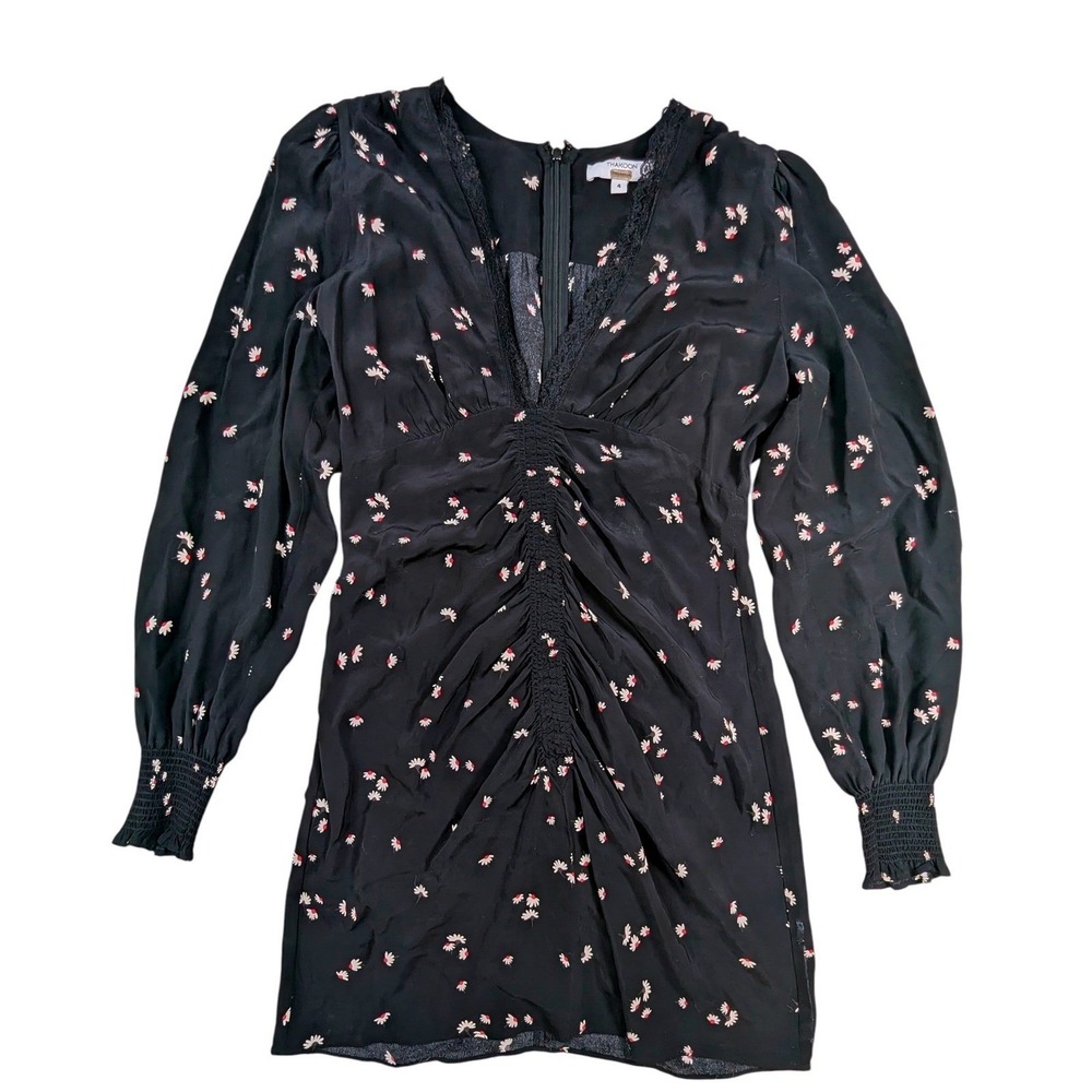 Thakoon‎ Collective Floral Ruched Mini Dress Women's 4 Black V-Neck